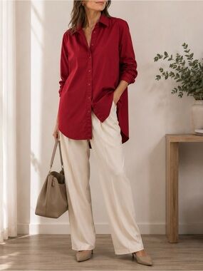 NY Collection Women Cotton Petite Burgundy Longline Button Up Tunic Shirt
